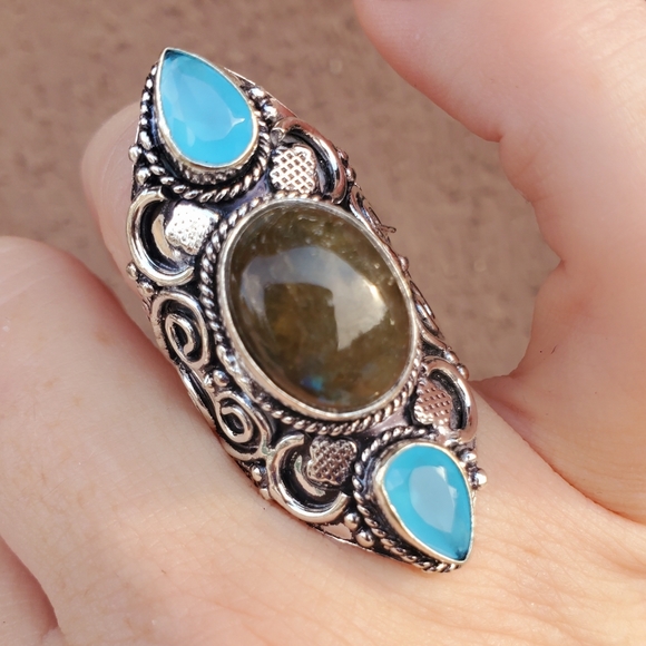 New Labradorite & Chalcedony 925 Silver Statement Ring. - Picture 12 of 15